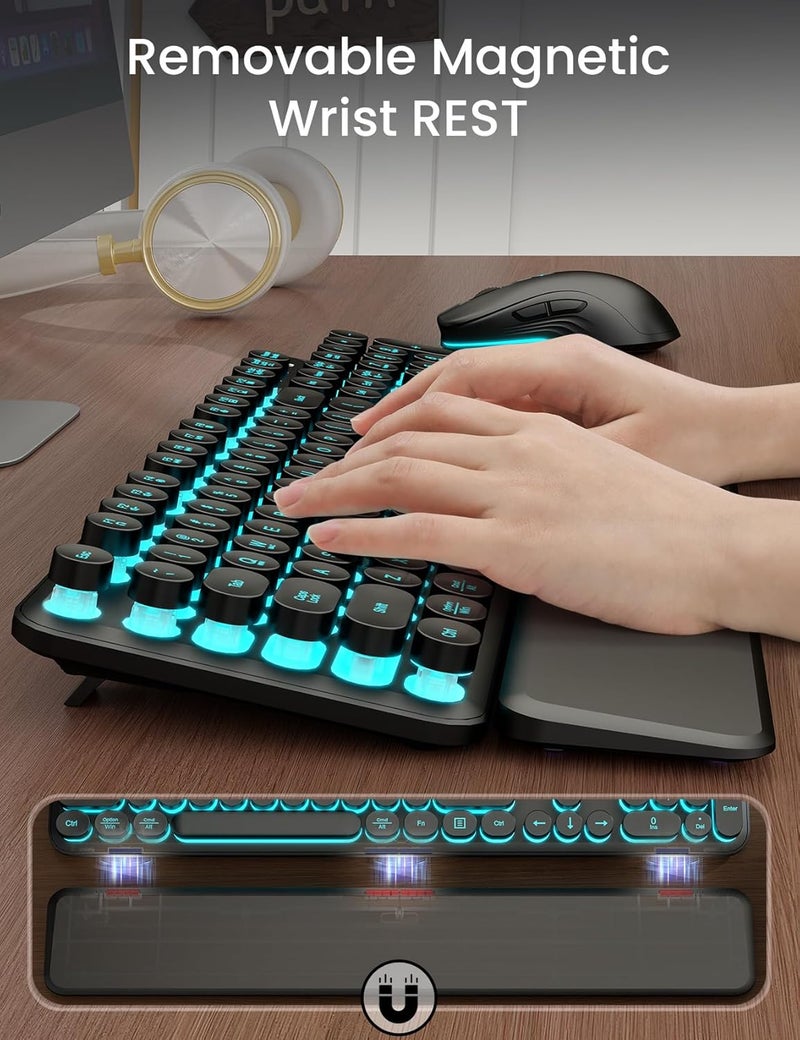 Trueque Wireless Keyboard and Mouse Backlit - Typewriter Keyboard with Magnetic Wrist Rest, Retro Round Keycaps, Light Up Letters, 2.4GHz Cordless Combo for Mac, Windows, PC, Laptop, [Upgraded] - Image 5